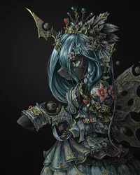 Size: 1200x1500 | Tagged: artist:saturnspace, bipedal, bracelet, braid, changeling, changeling queen, clothes, costume porn, crown, derpibooru import, detailed, dress, epic, fangs, female, flower, flower in hair, frilly dress, frown, heart, jewelry, photoshop, portrait, queen chrysalis, safe, simple background, solo, steampunk, technical advanced