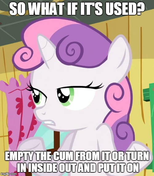 Size: 500x569 | Tagged: caption, cropped, derpibooru import, edit, edited screencap, image macro, implied condom, implied foalcon, meme, screencap, sleepless in ponyville, slutty-belle, solo, so what sweetie, suggestive, sweetie belle