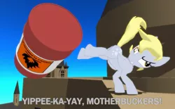 Size: 1134x705 | Tagged: safe, artist:the-horrible-mu, derpibooru import, derpy hooves, pegasus, pony, 3d, die hard, explosive barrel, explosives, female, mare, mmd, solo