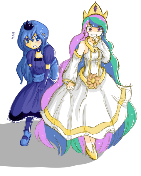 Size: 2000x2500 | Tagged: artist:applestems, clothes, derp, derpibooru import, dress, human, humanized, princess celestia, princess luna, royal sisters, safe, sisters