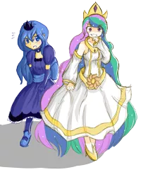 Size: 2000x2500 | Tagged: artist:applestems, clothes, derp, derpibooru import, dress, human, humanized, princess celestia, princess luna, royal sisters, safe, sisters