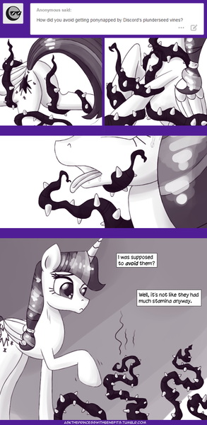 Size: 740x1513 | Tagged: suggestive, artist:deusexequus, derpibooru import, twilight sparkle, twilight sparkle (alicorn), alicorn, pony, ask the princess of friendship with benefits, ask, black vine, comic, dialogue, female, mare, monochrome, open mouth, plot, tongue out, tumblr