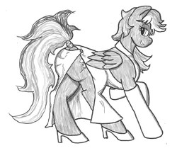 Size: 2657x2293 | Tagged: alternate hairstyle, artist:bigmacintosh2000, clothes, derpibooru import, dress, grayscale, high heels, ink, monochrome, plot, rainbow dash, safe, side slit, solo, stockings, tail wrap, traditional art