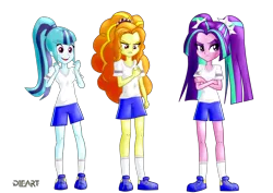 Size: 2338x1655 | Tagged: safe, artist:dieart77, derpibooru import, adagio dazzle, aria blaze, sonata dusk, equestria girls, clothes, commission, crossed arms, gym uniform, open mouth, shoes, shorts, signature, sneakers, the dazzlings