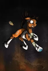 Size: 618x920 | Tagged: artist:28gooddays, chell, clothes, derpibooru import, earpiece, falling, floppy ears, food, glados, gritted teeth, hoof boots, long fall horseshoe, ponified, portal 2, portal gun, portal (valve), potato, safe, solo