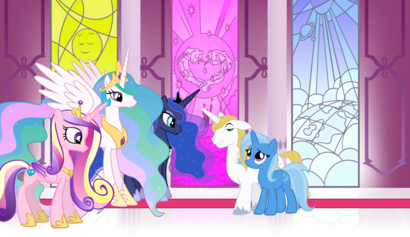 Size: 1174x680 | Tagged: safe, artist:darthwill3, derpibooru import, prince blueblood, princess cadance, princess celestia, princess luna, trixie, pony, unicorn, bluetrix, female, male, mare, shipping, straight