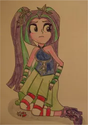 Size: 916x1297 | Tagged: safe, artist:blazingdazzlingdusk, derpibooru import, aria blaze, equestria girls, rainbow rocks, drawing, gem, sad, sleeveless, solo, the dazzlings, traditional art