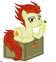 Size: 3900x4300 | Tagged: safe, artist:a4r91n, derpibooru import, oc, oc:para focului, unofficial characters only, earth pony, pony, crate, eating, flammable, looking at you, pear, simple background, sitting, transparent background, vector