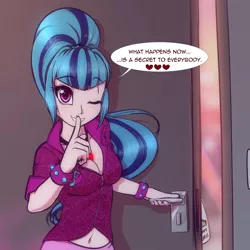 Size: 2538x2538 | Tagged: suggestive, artist:scorpdk, derpibooru import, sonata dusk, equestria girls, rainbow rocks, belly button, bracelet, breasts, cleavage, colored pupils, dialogue, door, female, gem, grin, hotel room, human coloration, jewelry, looking at you, midriff, ponytail, secret, sexy, siren gem, smiling, solo, solo female, speech bubble, spiked wristband, this will end with sex, wingding eyes, wink, wristband