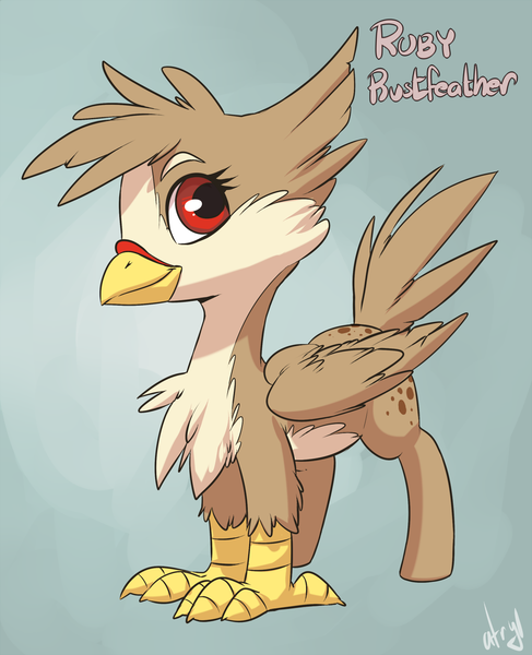 Size: 1200x1477 | Tagged: artist:atryl, chest fluff, classical hippogriff, derpibooru import, female, hippogriff, oc, oc:ruby rustfeather, safe, smiling, solo, standing, unofficial characters only