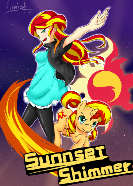 Size: 1259x1761 | Tagged: safe, artist:chuuji kamizaki, derpibooru import, sunset shimmer, pony, unicorn, equestria girls, humanized, pixiv, self ponidox