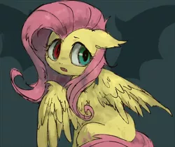 Size: 660x551 | Tagged: safe, artist:kei05, derpibooru import, fluttershy, bat pony, pony, cute, duality, female, flutterbat, heterochromia, looking back, mare, open mouth, race swap, shyabates, shyabetes, solo, vamp out