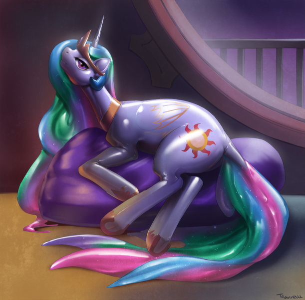 Size: 1280x1256 | Tagged: safe, artist:trunchbull, derpibooru import, princess celestia, latex pony, original species, pony, rubber pony, dock, female, image, jpeg, latex, latex skin, looking at you, mare, rubber, solo