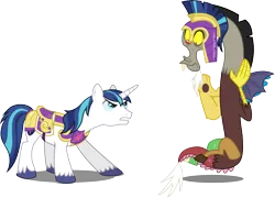 Size: 9316x6721 | Tagged: safe, artist:starnight5, derpibooru import, discord, shining armor, draconequus, pony, unicorn, twilight's kingdom, absurd resolution, accessory theft, armor, helmet, male, simple background, stallion, transparent background, vector