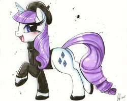 Size: 886x708 | Tagged: artist:prettypinkpony, beatnik rarity, beret, clothes, derpibooru import, hat, rarity, safe, solo, traditional art