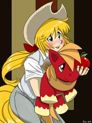 Size: 1425x1900 | Tagged: safe, artist:moealmighty, derpibooru import, applejack, big macintosh, earth pony, human, pony, anime, apple, blushing, cute, female, food, humanized, jackabetes, male, plushie, solo, stallion, tailed humanization