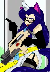 Size: 1200x1700 | Tagged: artist:moealmighty, cat ears, clothes, cosplay, costume, derpibooru import, female, gun, horned humanization, human, humanized, humanized oc, lipstick, m41a pulse rifle, oc, rarity, solo, solo female, suggestive, tailed humanization, unofficial characters only, weapon