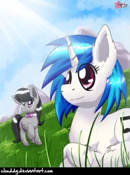 Size: 591x800 | Tagged: artist:clouddg, background pony, bowtie, crossed hooves, derpibooru import, grass, octavia melody, prone, raised hoof, safe, signature, sky, sun, vinyl scratch