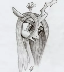 Size: 514x582 | Tagged: artist:stingray-24, cute, cutealis, derpibooru import, happy, monochrome, queen chrysalis, safe, solo, traditional art