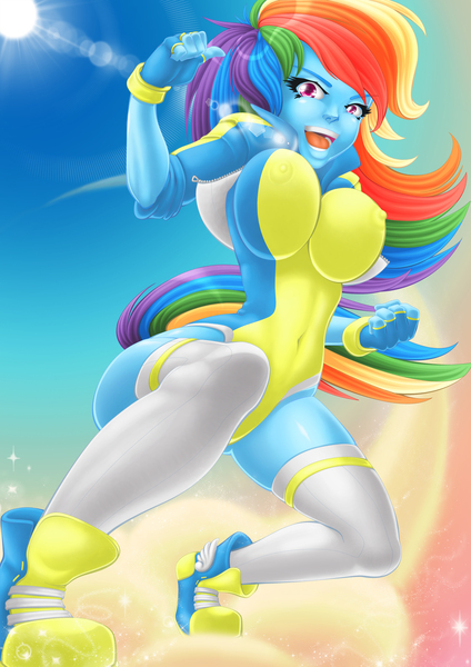 Size: 2481x3509 | Tagged: questionable, artist:kitten-bomb, derpibooru import, rainbow dash, equestria girls, action pose, belly button, breasts, busty rainbow dash, clothes, erect nipples, female, fingerless gloves, gloves, humanized, jacket, lens flare, nipple outline, nipples, perspective, socks, solo, solo female, tailed humanization, thigh highs, wonderbolts uniform