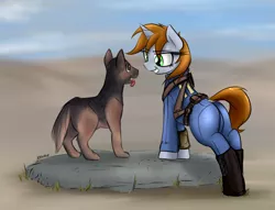 Size: 5251x4003 | Tagged: safe, artist:jetwave, derpibooru import, oc, oc:littlepip, unofficial characters only, dog, pony, unicorn, fallout equestria, fanfic, absurd resolution, boots, clothes, dock, dogmeat, fallout, fallout 4, fanfic art, female, grin, hooves, horn, jumpsuit, mare, open mouth, pipbuck, pipbutt, plot, smiling, solo, teeth, the ass was fat, tight clothing, tongue out, vault suit, wasteland