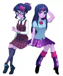 Size: 1000x1200 | Tagged: safe, artist:yanshiki, derpibooru import, sci-twi, twilight sparkle, twilight sparkle (alicorn), equestria girls, friendship games, adorkable, boots, clothes, crossed legs, crystal prep academy, crystal prep academy uniform, crystal prep shadowbolts, cute, dork, duality, duo, glasses, looking at you, necktie, school uniform, self paradox, shoes, signature, sitting, skirt, socks, twiabetes, twolight