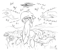 Size: 1230x1020 | Tagged: safe, artist:lightf4lls, derpibooru import, oc, oc:erin olsen, oc:sunflower, unofficial characters only, earth pony, pony, fanfic:project sunflower, female, grumpy, mare, monochrome, solo