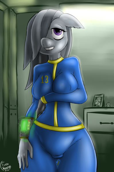 Size: 4500x6800 | Tagged: absurd resolution, anthro, artist:fiercewendigo, bethesda, breasts, busty marble pie, cameltoe, clothes, crossover, derpibooru import, fallout, female, floppy ears, hair over one eye, lip bite, marble pie, pipboy, questionable, signature, solo, solo female, tight clothing, wide hips