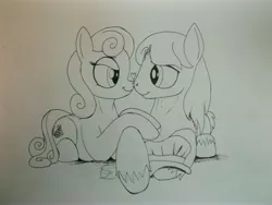 Size: 4288x3216 | Tagged: safe, artist:scribblepwn3, derpibooru import, caboose, linky, shoeshine, earth pony, pony, 30 minute art challenge, background pony, cabooseshine, female, heart, male, monochrome, pen drawing, shipping, straight, traditional art