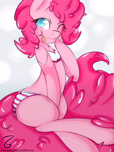 Size: 3000x4000 | Tagged: suggestive, artist:enryuuchan, derpibooru import, pinkie pie, earth pony, pony, :p, adorasexy, belly button, bikini, chest fluff, clothes, colored pupils, cute, diapinkes, female, heart, leg fluff, mare, one eye closed, sexy, solo, swimsuit, tongue out, wink