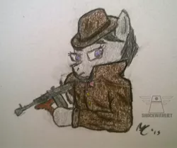 Size: 1632x1367 | Tagged: artist:shockwavejet, clothes, derpibooru import, fedora, hat, mafia, mafia octavia, octavia melody, safe, solo, tommy gun, trenchcoat