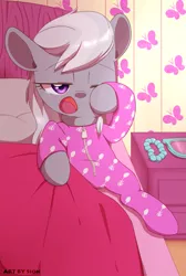 Size: 1005x1500 | Tagged: safe, artist:sion, derpibooru import, silver spoon, earth pony, pony, bed, clothes, cute, female, filly, footed sleeper, loose hair, morning ponies, one eye closed, open mouth, pajamas, silverbetes, sleepy, solo, tired, yawn