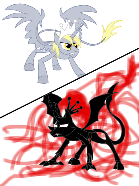 Size: 1050x1400 | Tagged: safe, artist:rexlupin, derpibooru import, derpy hooves, ponified, alicorn, changeling, classical unicorn, pony, 1000 hours in ms paint, battle for equestria, battle stance, bec noir, crossover, crown, duel, epic, fanfic scene, fanfic spoiler, homestuck, implied death, it makes sense in context, leonine tail, ms paint, peregrine mendicant, power, princess derpy, red miles, scar, scene parody, versus, xk-class end-of-the-world scenario