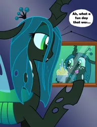 Size: 612x795 | Tagged: artist:syggie, ask, ask the changeling princess, changeling, changeling queen, cupcake, cute, cutealis, derpibooru import, dialogue, duality, female, food, nymph, picture, queen chrysalis, safe, smiling, solo, tumblr, younger