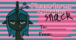Size: 647x345 | Tagged: safe, artist:syggie, derpibooru import, queen chrysalis, changeling, changeling queen, nymph, ask the changeling princess, ask, cute, cutealis, eyes closed, female, heart, licking, licking lips, smiling, solo, striped background, text, tongue out, tumblr, valentine, younger