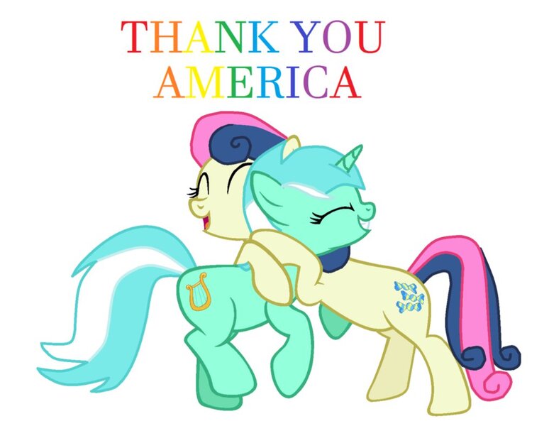 Size: 1015x787 | Tagged: safe, artist:disneyfanatic2364, derpibooru import, bon bon, lyra heartstrings, sweetie drops, female, lesbian, lovewins, lyrabon, pride, rainbow text, shipping, text, united states