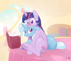 Size: 3609x3130 | Tagged: dead source, safe, artist:b-epon, derpibooru import, trixie, twilight sparkle, twilight sparkle (alicorn), alicorn, pony, bedroom eyes, blushing, book, cuddling, female, floppy ears, hug, lesbian, magic, mare, neck hug, reading, shipping, side, sitting, smiling, snuggling, surprised, telekinesis, twixie, underhoof, wide eyes, winghug