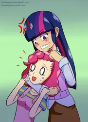 Size: 869x1200 | Tagged: artist:blustarpencil, derpibooru import, human, humanized, noogie, pinkie pie, safe, twilight sparkle