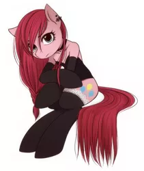Size: 828x980 | Tagged: safe, artist:umeguru, derpibooru import, pinkie pie, earth pony, semi-anthro, unguligrade anthro, clothes, evening gloves, female, frown, gloves, goth, lace, looking at you, mare, piercing, pinkamena diane pie, sad, socks, solo, stockings, thigh highs