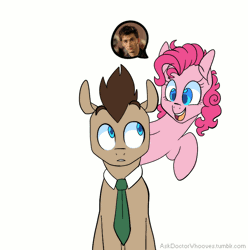 Size: 784x791 | Tagged: safe, artist:buljong, derpibooru import, doctor whooves, pinkie pie, time turner, earth pony, pony, ask doctor whooves, animated, ask, chocolate, colored pupils, cupcake, david tennant, duo, food, male, necktie, pictogram, ponk, stallion, tumblr