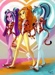 Size: 2480x3347 | Tagged: safe, artist:paradoxbroken, derpibooru import, adagio dazzle, aria blaze, sonata dusk, equestria girls, animal costume, animal ears, clothes, crossover, female, josie and the pussycats, leotard, open mouth, the dazzlings