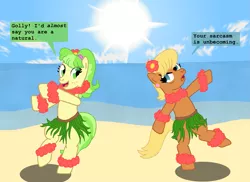 Size: 1483x1080 | Tagged: safe, artist:hakar-kerarmor, derpibooru import, chickadee, ms. harshwhinny, ms. peachbottom, earth pony, pony, beach, clothes, female, flower, flower in hair, grass skirt, hawaiian flower in hair, hula, hula dance, lei, mare, skirt