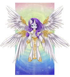 Size: 912x1000 | Tagged: safe, artist:nefyfeiri, derpibooru import, rarity, alicorn, pony, seraph, seraphicorn, alicornified, clothes, crepuscular rays, dress, flying, jewelry, multiple wings, race swap, raricorn, solo