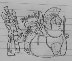 Size: 612x519 | Tagged: artist needed, source needed, useless source url, suggestive, derpibooru import, pegasus, pony, unicorn, bhm, fat, lined paper, male, monochrome, obese, royal guard, smack, spanking, stallion, teasing, traditional art