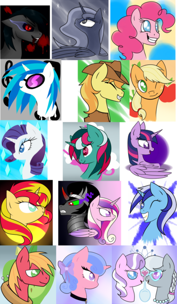 Size: 1164x2000 | Tagged: safe, artist:vampiresuper-sayajin, derpibooru import, applejack, big macintosh, braeburn, diamond tiara, fizzy, king sombra, minuette, pinkie pie, princess cadance, princess luna, rarity, royal ribbon, silver spoon, sunset shimmer, twilight sparkle, twilight sparkle (alicorn), vinyl scratch, oc, oc:orobos ocul, alicorn, pony, eyes closed, female, g1, mare, sketch dump, wink