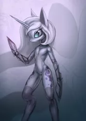 Size: 850x1194 | Tagged: semi-grimdark, artist:anthropony, derpibooru import, princess luna, anthro, robot, blood, solo