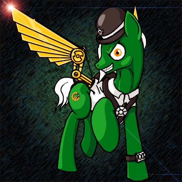 Size: 720x720 | Tagged: safe, artist:scribblepwn3, derpibooru import, oc, oc:clockwork green, unofficial characters only, earth pony, pony, artificial wings, augmented, bowler hat, digital art, evil grin, fake wings, hat, inventor, mad scientist, mechanical wing, solo, steampunk, wings