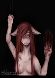 Size: 550x775 | Tagged: anthro, artist:egowux, blood, crying, derpibooru import, female, grimdark, hair over one eye, pinkamena diane pie, pinkie pie, sad, self harm, signature, solo, strategically covered, strings, suggestive, topless