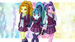 Size: 1920x1080 | Tagged: safe, artist:uotapo, derpibooru import, edit, adagio dazzle, aria blaze, sonata dusk, equestria girls, friendship games, adoragio, ariabetes, bread, clothes, crystal prep academy, crystal prep academy uniform, cute, dazzlebetes, eating, female, food, frilly socks, looking at you, open mouth, school uniform, schoolgirl toast, shoes, skirt, socks, sonatabetes, stockings, the dazzlings, thigh highs, toast, uotapo is trying to murder us, wallpaper, wallpaper edit, zettai ryouiki