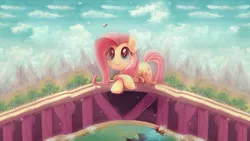 Size: 1920x1080 | Tagged: safe, artist:sewyouplushiethings, derpibooru import, edit, fluttershy, bee, pegasus, pony, filli vanilli, bridge, c:, cloud, cute, daaaaaaaaaaaw, dandelion, female, forest, hnnng, leaning, looking up, mare, mountain, mountain range, river, scene interpretation, scenery, shyabetes, smiling, solo, tree, wallpaper, wallpaper edit, watching, weapons-grade cute, wingding eyes, wingless